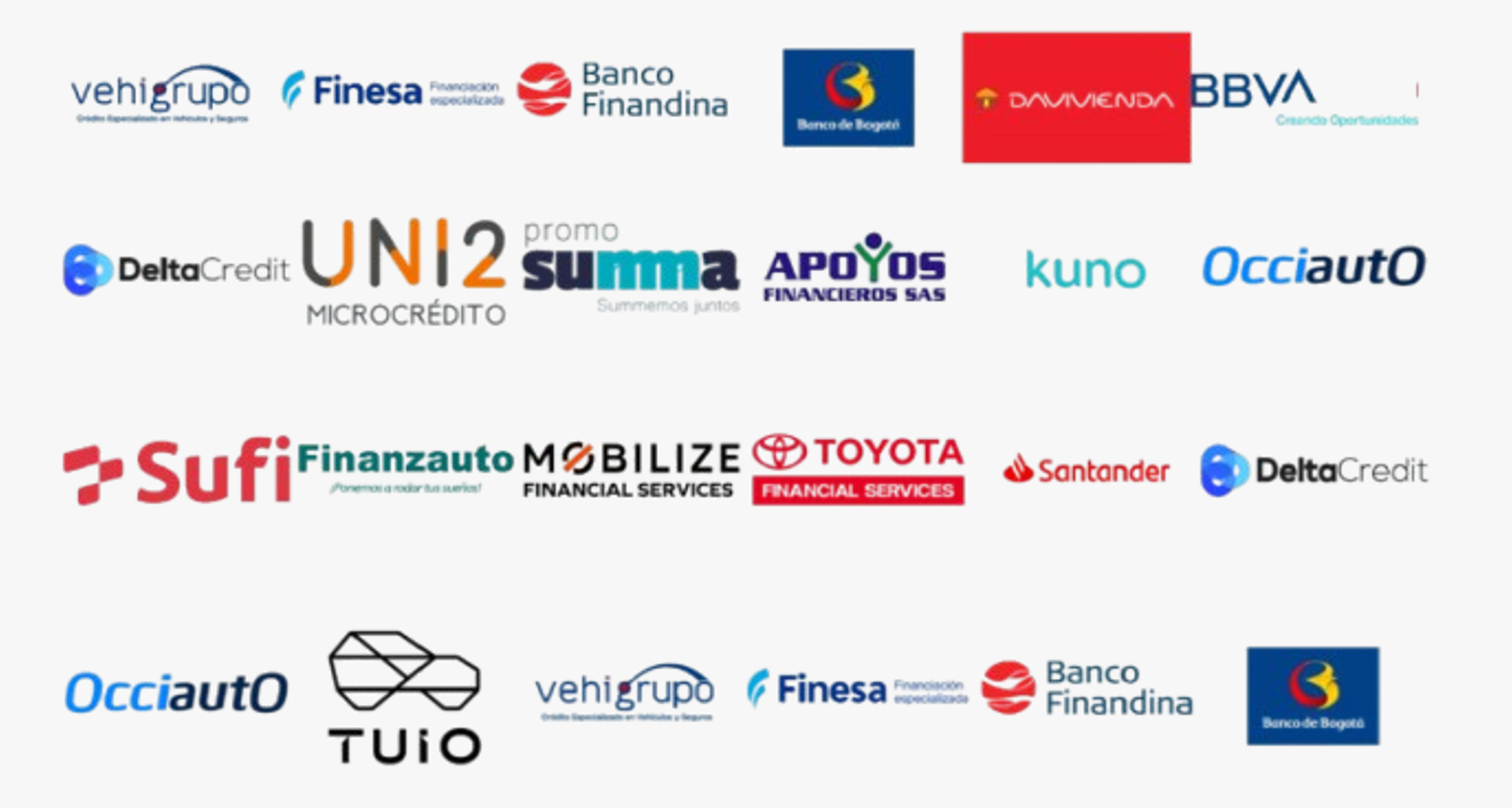 Bancos aliados - Bancolombia, Davivienda, BBVA, Scotiabank Colpatria, Banco de Bogotá, Banco de Occidente